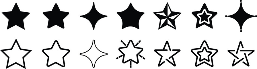 Set of Black flat Stars Icons. Minimalist silhouette stars with editable stock. Modern geometric elements, shining stars, abstract sparkle silhouettes symbols Collection on transparent background.