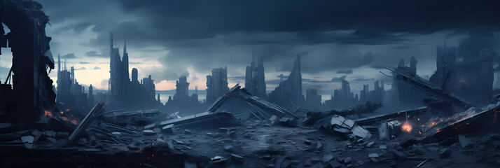 The destroyed city after the war with dark clouds. - obrazy, fototapety, plakaty
