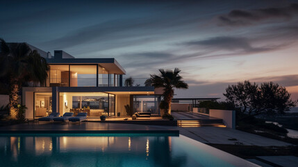 Fototapeta premium Architectural Gem: Modern Beauty by the Sea, generative ai