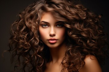 A Beautiful girl with brown curly hair exude confidence looking at camera generated by AI - obrazy, fototapety, plakaty