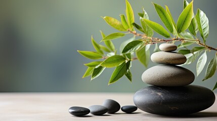 Black Stone Cairn with Bamboo Rock Zen Aesthetic Spa Concept with Minimalist Composition Serenity in Nature Calming Atmosphere of Black Stone Cairn for Peaceful Wellness Background