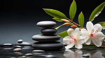 Obraz na płótnie Canvas Black Stone Cairn with Bamboo and White Flower Rock Zen Aesthetic Spa Concept with Minimalist Composition Serenity in Nature Calming Atmosphere of Black Stone Cairn for Peaceful Wellness Background