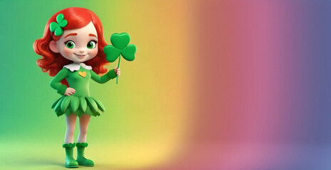 cartoon girl with red hair in green clothes with a three-leaf clover in her hands on a background of a rainbow gradient