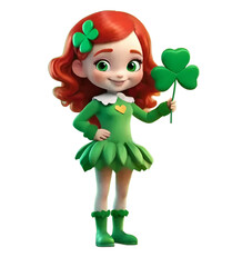 cartoon girl with red hair in green clothes with a three-leaf clover in her hands on a white...