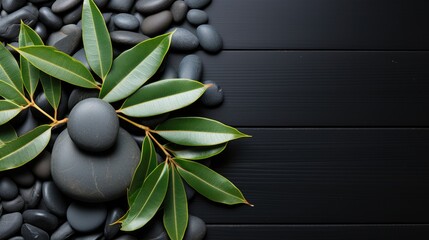 Black Stone Cairn with Bamboo Rock Zen Aesthetic Spa Concept with Minimalist Composition Serenity in Nature Calming Atmosphere of Black Stone Cairn for Peaceful Wellness Background