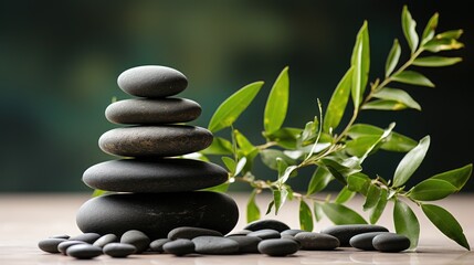 Fototapeta na wymiar Black Stone Cairn with Bamboo Rock Zen Aesthetic Spa Concept with Minimalist Composition Serenity in Nature Calming Atmosphere of Black Stone Cairn for Peaceful Wellness Background