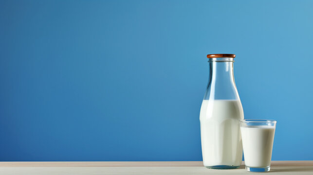 青い背景に木製のテーブルの上に牛乳瓶と牛乳の入ったグラスGenerativeAI