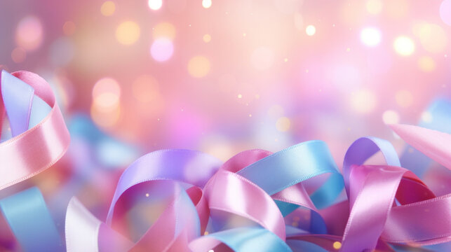Confetti of pastel pink and blue ribbons on a bokeh background. Valentine's day backdrop