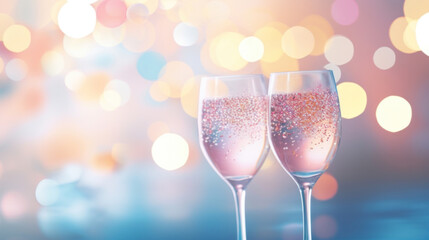 A two glass of sparkling wine on a soft pastel colorful bokeh background