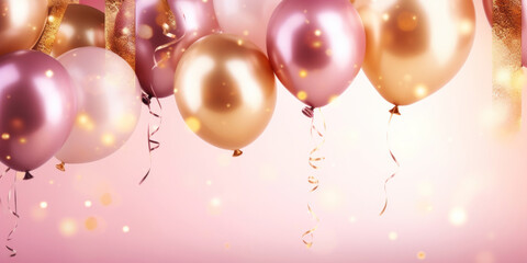 Pink and golden balloons on festive background