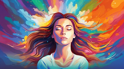meditating woman in colorful background - obrazy, fototapety, plakaty