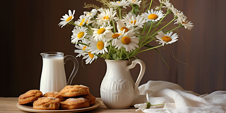 Enamel Jug With Flowers Image A vase of daisies sits on a table with a jar of milk and cookies on the plate and dark brown wall on the background Ai Generative