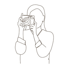 Line art of young woman holding a camera both hands taking photos. look at camera. front view. waist up. hobby. photographer