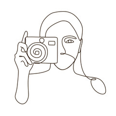 Close up of line art of young woman holding a camera taking photos. look at camera. front view. Hobby. photographer