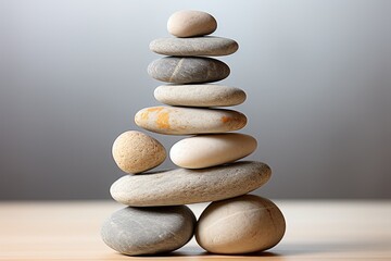 Fototapeta na wymiar Meditation Rock Stack Poise Stones for Serenity and Mindfulness Simple Harmony Five Stones on White Background for Tranquility Stone Cairn for Peaceful Wellness Background