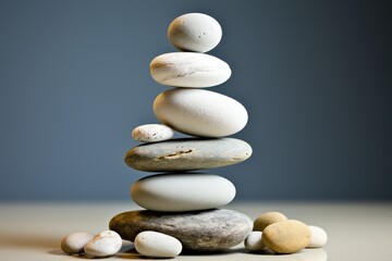Meditation Rock Stack Poise Stones for Serenity and Mindfulness Simple Harmony Five Stones on White Background for Tranquility Stone Cairn for Peaceful Wellness Background