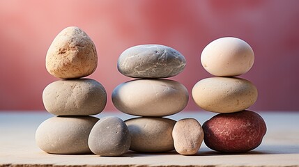 Meditation Rock Stack Poise Stones for Serenity and Mindfulness Simple Harmony Five Stones on White Background for Tranquility Stone Cairn for Peaceful Wellness Background