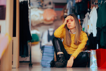 Tired Woman Feeling Overwhelmed During Shopping Spree. Unhappy exhausted customer resting on a store floor

 - obrazy, fototapety, plakaty
