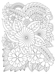 Doodles pattern. Doodle floral pattern in black and white. Page for coloring book for adults. 