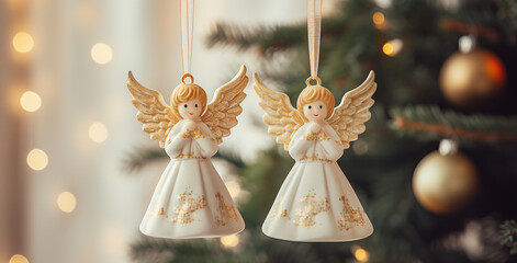 a pair of angel decorations are hanging from a christmas tree, in the style of ceramic, soft light,Generative AI