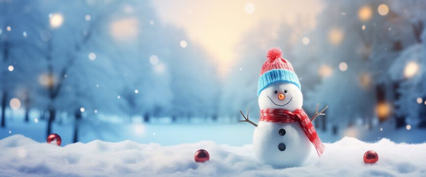 picture of a snowman with lights in the background, romantic landscape, red and azure, photo-realistic ,Generative AI