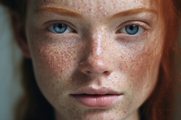 a close up of a woman with freckles,rosacea couperose redness skin