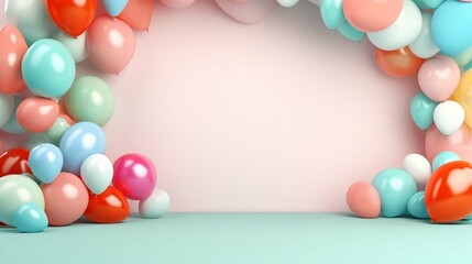 Obraz na płótnie Canvas Helium balloons arch on pastel background. Wall decorated with colorful balloons for birthday party, baby shower, wedding. Mockup, template for greeting card.