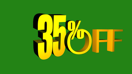 35% off isolated on green background. 35 percent off promotion. 3d 35 percent off discount. Off 35 percent. Sales concept. 3d illustration.