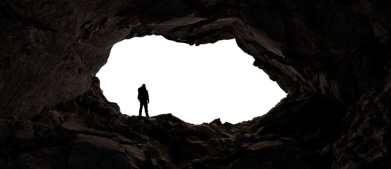 Adventure Man Hiker standing on top of Mountain Peak. Cutout on White Background. 3d Rendering