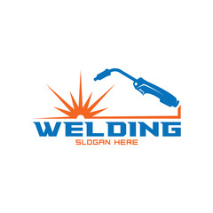Welding torch with spark logo design. Welder tool vector design. Welding work logotype