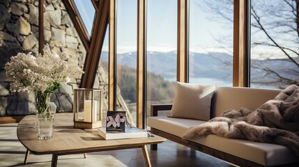 Sophisticated Nordic home decor magazine cover design featuring modern rustic Scandinavian interior and vintage stylish lifestyle.