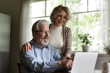Great thing. Amazed elderly married couple hug look at pc screen point fingers on web advertisement offering big discounts on goods services. Shocked surprised aged spouses win lottery auction online