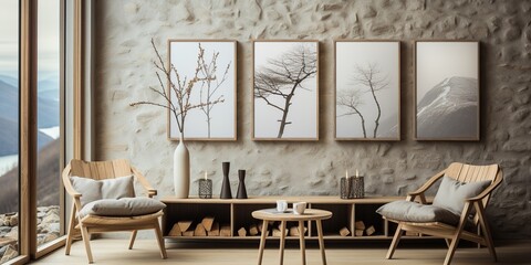 Sophisticated Nordic home decor magazine cover design featuring modern rustic Scandinavian interior and vintage stylish lifestyle.