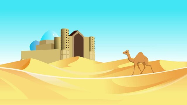 Camel walking in the sesert sands ancient orient building in the blue background 2d animation cartoon