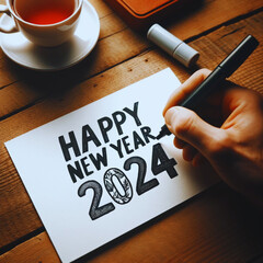 Digital art sheet of paper with the handwritten message "Happy New Year 2024" on a wooden surface, accompanied by a cup that appears to contain tea or coffee.. Created using generative AI tools