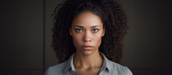 A mixed race woman with a serious expression protests against bullying, discrimination, and abuse. - obrazy, fototapety, plakaty