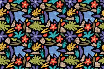Seamless abstract floral pattern Flowers plants on a black background