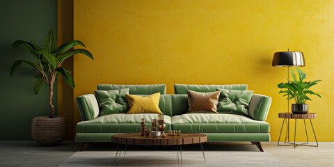 Living room in modern, cozy style with sofa and chair on yellow and green wall background furniture cosy home