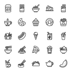 Set of Food and Drink Line Icon Design Vector. juice, roll, salad, bar, coffee cup, popcorn, pizza, cupcake, taco, burger, cereal, french fries, smoothie, watermelon, ice cream, hot dog, milkshake.