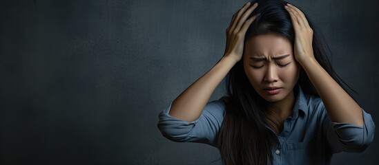 Asian woman with headache experience dizziness, struggles to stand, leans on wall at home due to brain or inner ear imbalance. - obrazy, fototapety, plakaty