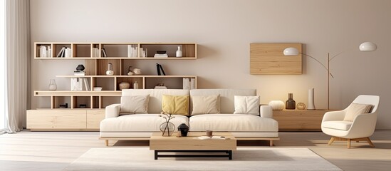 Contemporary living room with a modular beige sofa, coffee table, furniture, pendant lamp, shelf, carpet, and elegant decorations.