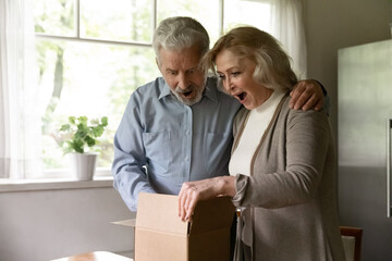 Wow effect. Excited senior couple unboxing postal delivery receive great gift surprise from...