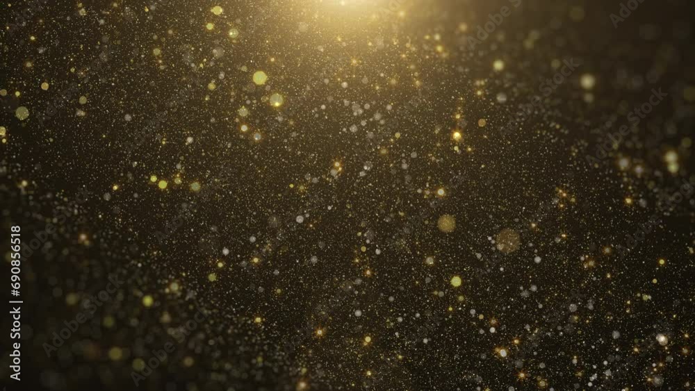 Poster golden glittering sparkle, flickering particle fly through. glamour gold lens flare, bokeh dynamic f