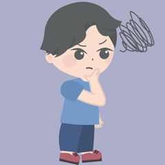 cartoon boy thinking for some minutes, vector illustration, in the style of intertwining materials, free brushwork, frayed, bad painting, violet and gray

