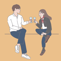 happy couple chatting in the evening, in the style of shige's visual aesthetic style, schoolgirl lifestyle, cult party kei, subtle chromatism, smooth and shiny