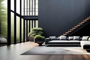 Black minimalist living room interior with stairs, sofa on a wooden floor, black large wall. Side...