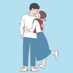  korean couple kissing and hugging on blue background in cute style,  in the style of charming illustrations, normcore, light red and dark cyan, hallyu, light white and light maroon, strong lines, car