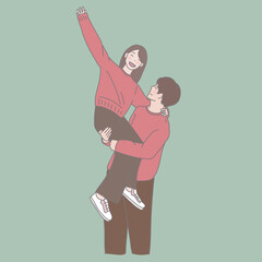 a couple holding each other, in the style of playful poses, light maroon and light green, normcore, the pictures generation, hallyu, love and romance, acrobatic self-portraits