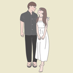 young lovers illustration illustration of human love, in the style of light yellow and light black, muted and subtle tones, comic art, full body,  romantic visions, 