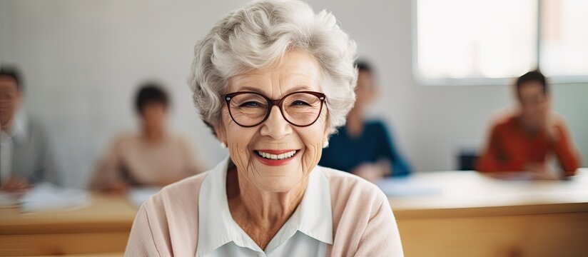 Joyful elderly woman learning in a classroom and facing the camera.